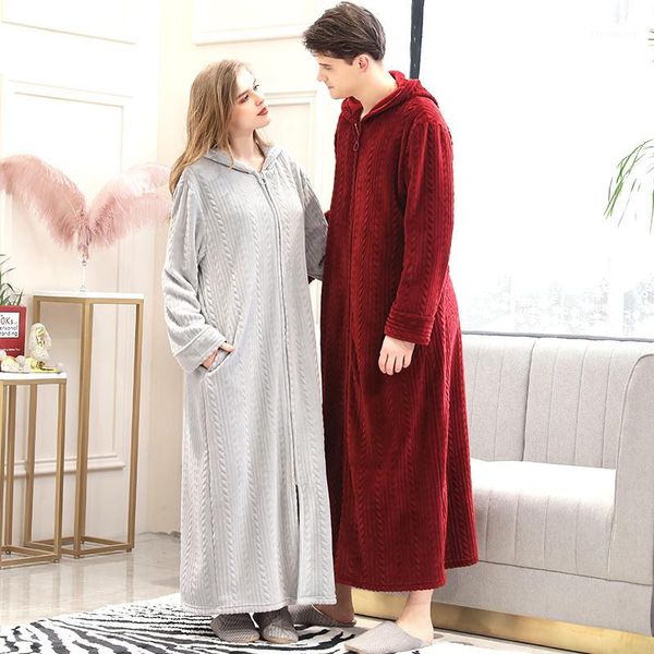 

men winter plus size long warm coral fleece bathrobe 40-110kg hooded flannel cozy bath robe night dressing gown women sleepwear1, Black;brown