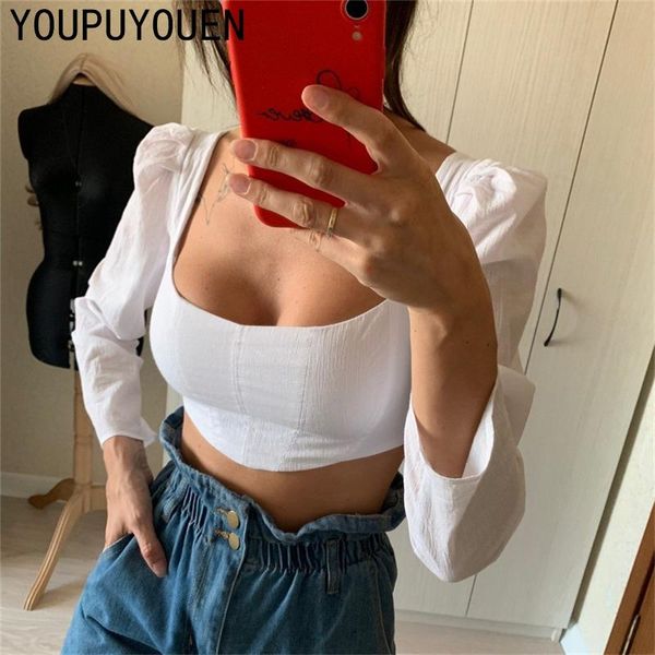 

2020 summer ultra short white shirt long sleeve lace up square neck cotton backless crop women fashion tie clothing