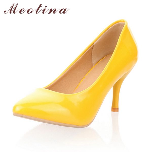 

meotina women shoes high heels pointed toe high heel shoes women pumps white wedding heels footwear yellow black large size 9  y200702