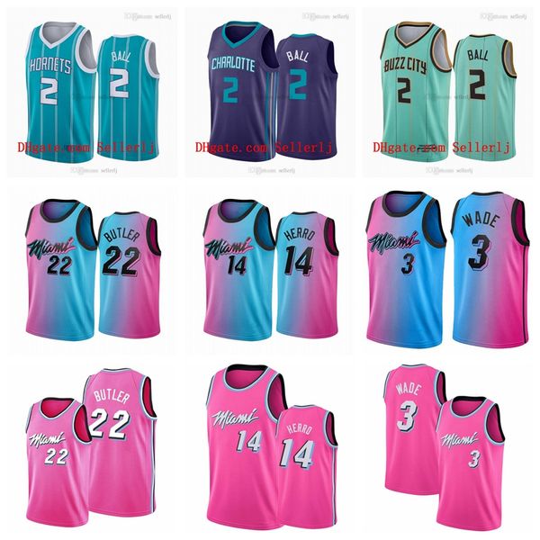 

2 lamelo ball charlottemiami 3 wade jimmy 22 butler basketball jersey mnes tyler 14 herro kendrick 25 nunn city swingman basketball jersey, Black;red