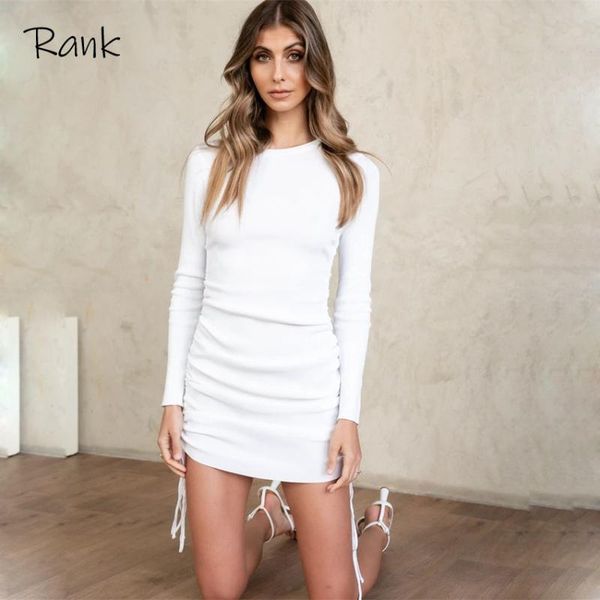 

cotton full sleeve party wear dress autumn women fold ruched drawstring slim mini vintage bodycon casual streetwear dresses, Black;gray