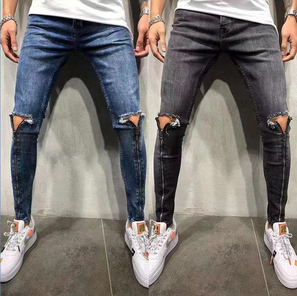 

ripped hole jeans for men fashion streetwear zipper casual pencil pants distressed hip hop denim trousers slim fit men clothing, Blue