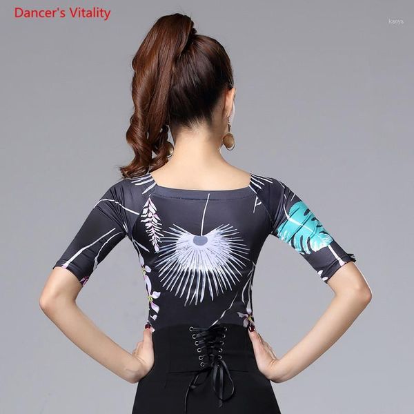 

new womem latin dance black half sleeves ice silk print clothes lady latin ballroom waltz dancing stage practice clothes1, Black;red