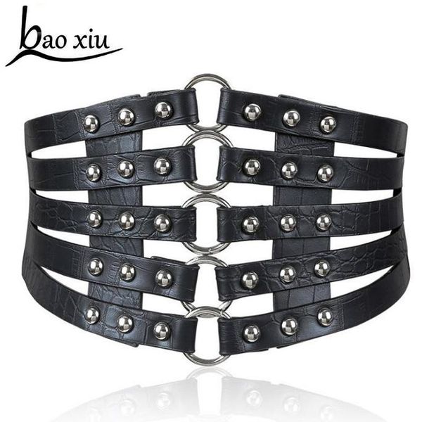 

new women vintage elastic leather waist belt casual wide bondage cage dress belt female travel rivet straps accessories, Black;brown