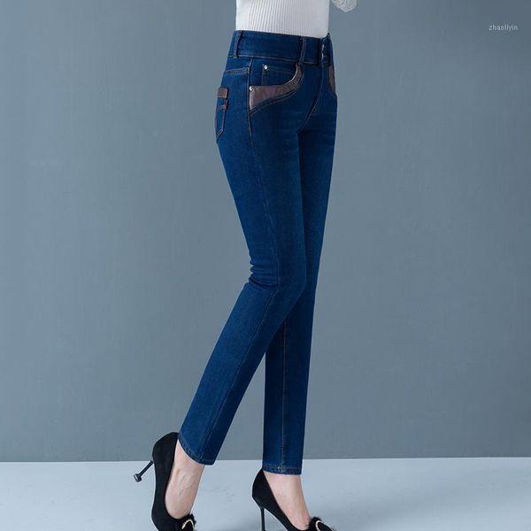

plus size women high waisted jeans plus cotton thick autumn winter skinny pencil pants stretch slim solid jeggings for women1, Blue