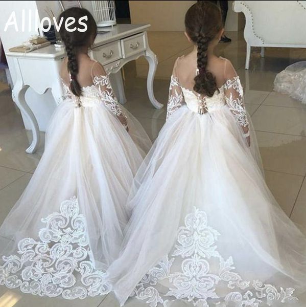 

flower girl dresses for wedding with long sleeves lace appliqued sheer jewel neck birthday party gowns kids little girls baby first communio, White;blue
