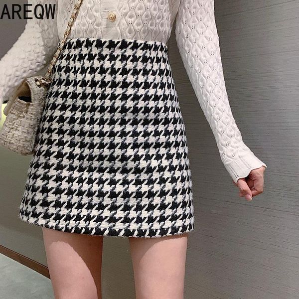 

fashion women's tweed skirt woolen plaid high waist slim buttocks short mini woman skirts black beige