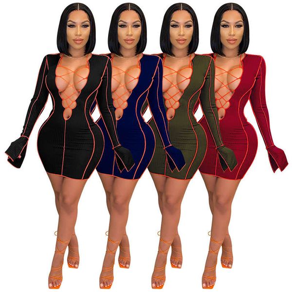 

ins wind autumn / winter 2020 new women's with flared sleeve v-neck strap slim fashion dress, Black;gray