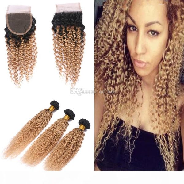 

ombre color kinky curly hair weaves with lace closure honey blonde 1b 27 dark roots hair 3 bundles with closure 4x4, Black