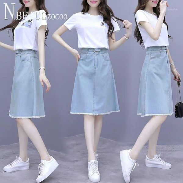 

2020 summer new korean women sets t shirt and denim skirt female sets1, White