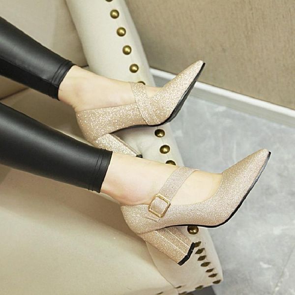 

dress shoes pointed toe women silvel heels buckle 8cm thick heel glitter bling gold wedding, Black