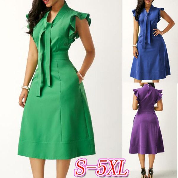 

plus size dress women ruffles a-line green color butterfly sleeve mid calf dresses empire female vestidos casual dress 5xl1, Black;gray