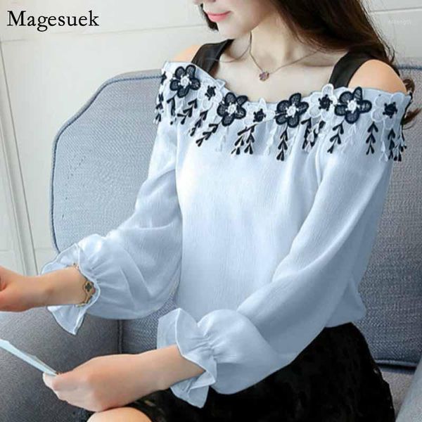 

2020 elegant slash neck off shoulder female chiffon blouse women blusas fashion flowers tassel white shirts d4331