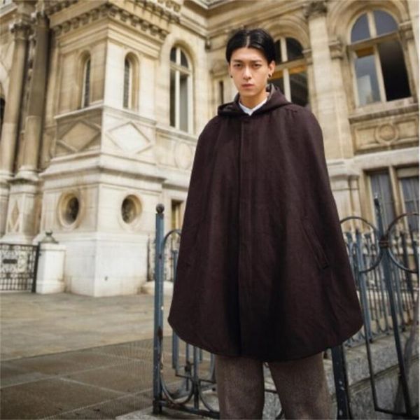 

hooded cloak cloak black and brown mid-length men's woolen coat men's coat bat sleeve windbreaker shawl winter loose