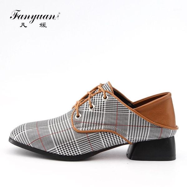 

fanyuan fashion square toe high heels retro mix color square high heel pumps lace-up solid women pumps casual grid pattern shoes1, Black