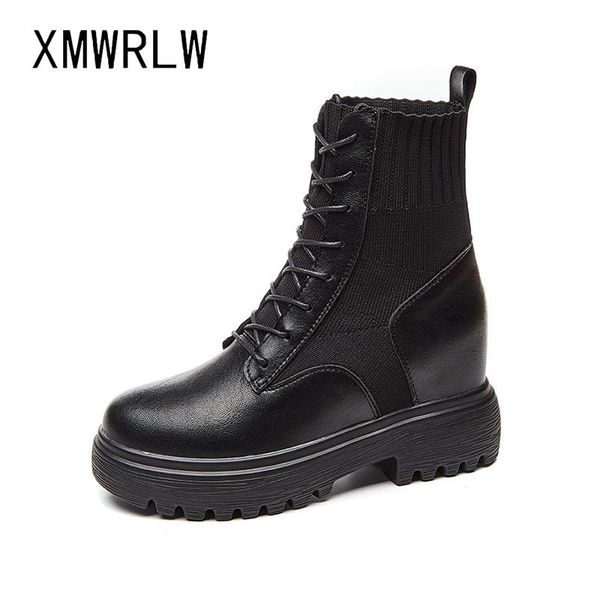 

xmwrlw genuine leather women autumn winter boots knitting wool hidden heel wedges shoes for women warm winter boots ladies shoes, Black