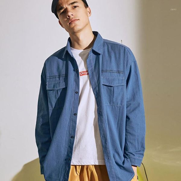 

shirt casual jacket 2019 autumn new solid color letter lapel cardigan printed shirt hip hop men's loose fashion wild1, White;black