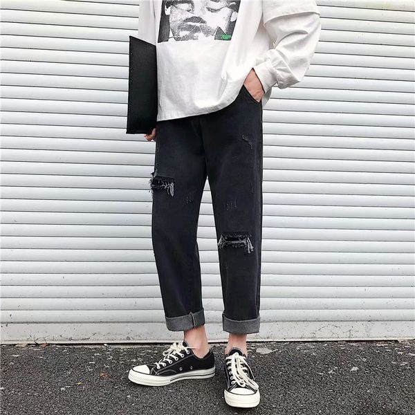 

hole jeans men's autumn thin straight wide leg loose trendy casual capris, Blue