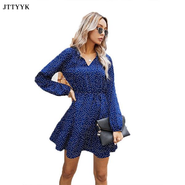 

2021 autumn summer polka dot print dress women new casual lace up v neck full sleeve slim dress female short, Black;gray
