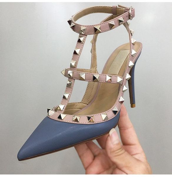 

designer lady fashion brand women fashion spikes point toe ankle strappy high heels bride wedding shoes, Black;red