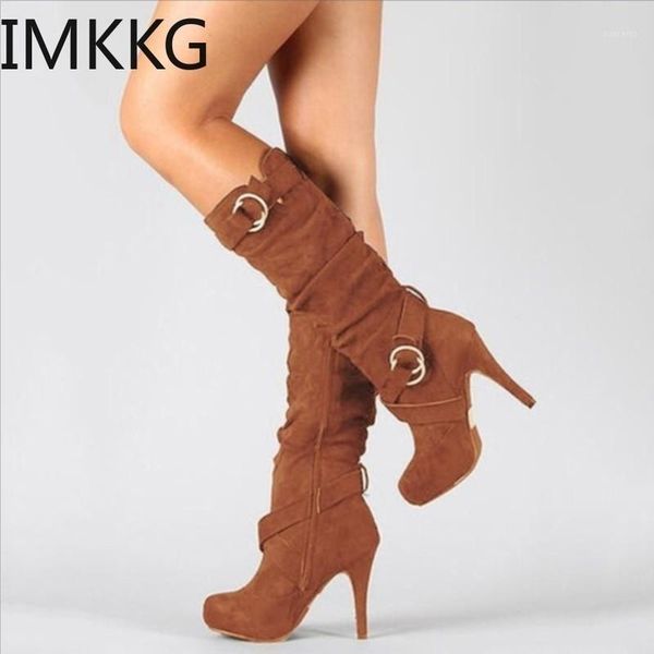 

2021 size 43 women winter footwear ladies flock knee-high boots female round head high heel long boots buckle strap buty damskie1, Black