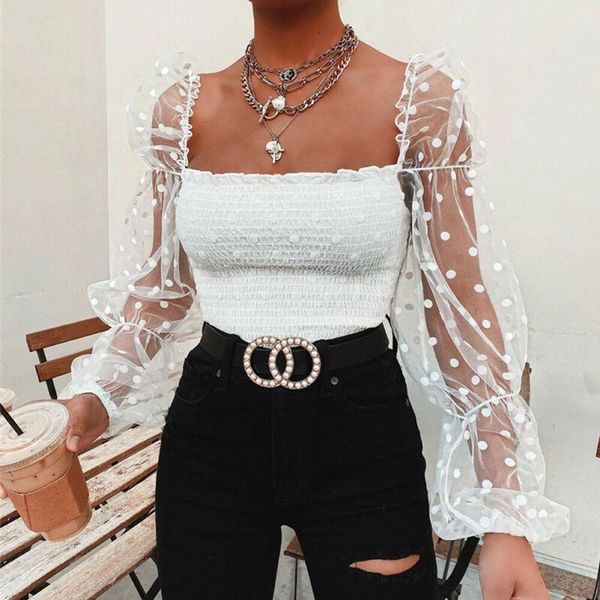 

woman mesh sheer polka dots print long puff sleeve crop solid color fold square neck shirred waist t-shirt 2020 summer new, White