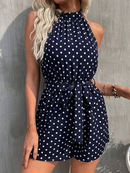 

polka dot backless halter neck belted romper p9ia#, White