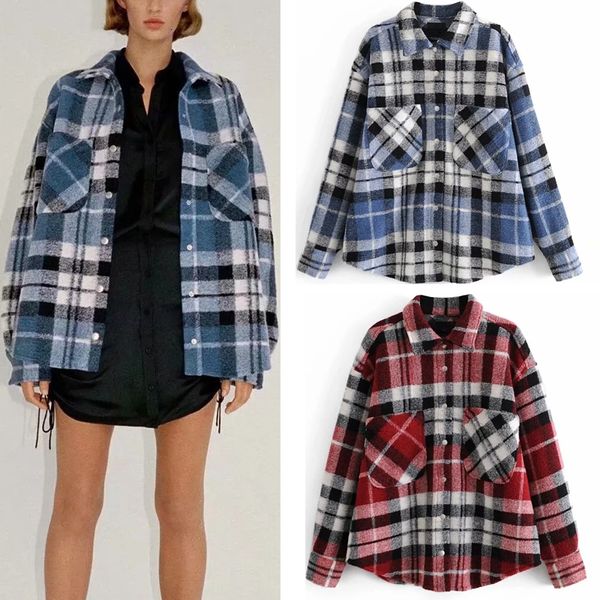 

2021 new vintage pockets oversized plaid jacket woman autumn lapel collar long sleeve jackets women loose overshirt coat dke0, Black;brown