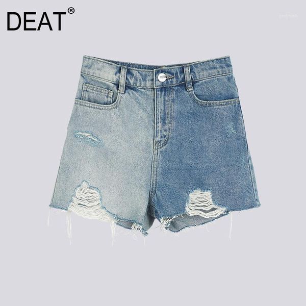 

women's jeans [deat] 2021 spring fast delivery women short denim panlled ripped burr hole washed waist wild fashion tide leisure clothe, Blue