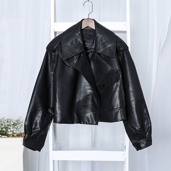 

2021 new spring women of women's plutonium solid colour female jackets loose street leather jacket e8oz, Black
