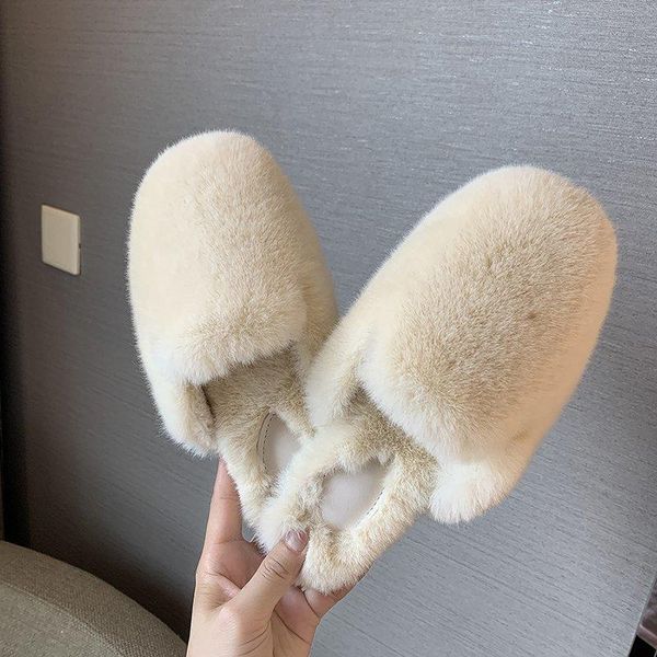 

fur slippers real furry cute house shoes woman winter warm plush bedroom non-slip couples shoes indoor ladies furry slippers, Black