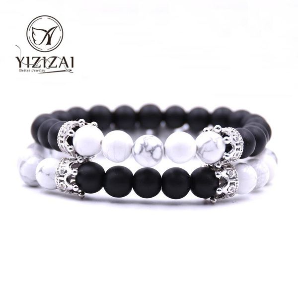 

yizizai 2pcs/set couples distance bracelet classic natural stone white & black crown lovers beaded charm bracelets for men women, Golden;silver