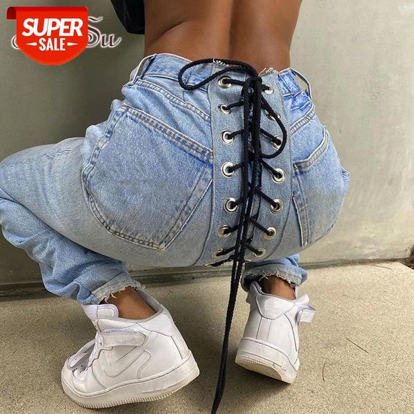 

artsu 2020 high waist women's fashion straight jeans denim bandage push up autumn female jeans streetwear casual pants pa28007 #vi3v, Black;white