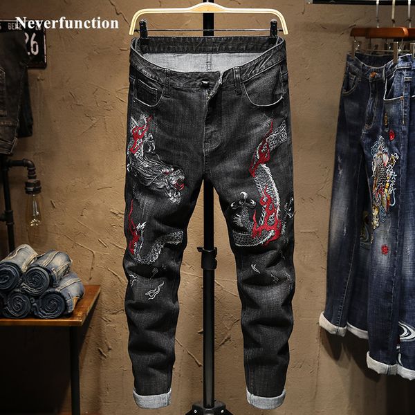 Erkekler Streetwear Slim Fit Dragon Nakış Streç Jogger Kot Moda Adam Hip Hop Pamuk Rahat Düz Denim Pantolon 201117