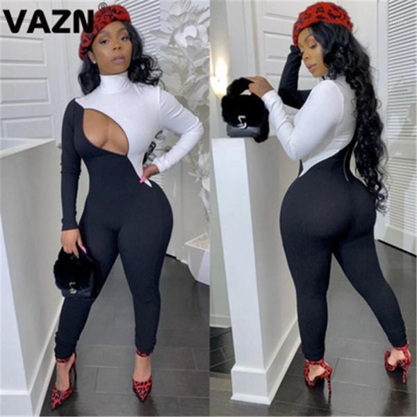 

vazn new 2020 splice white black high street jumpsuits casual bodycon neck knit long pants slim long jumpsuit1, Black;white