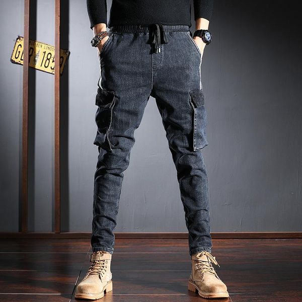 

japanese designer fashion men jeans vintage retro elastic casual denim cargo pants streetwear big pocket hip hop jogger trousers, Blue