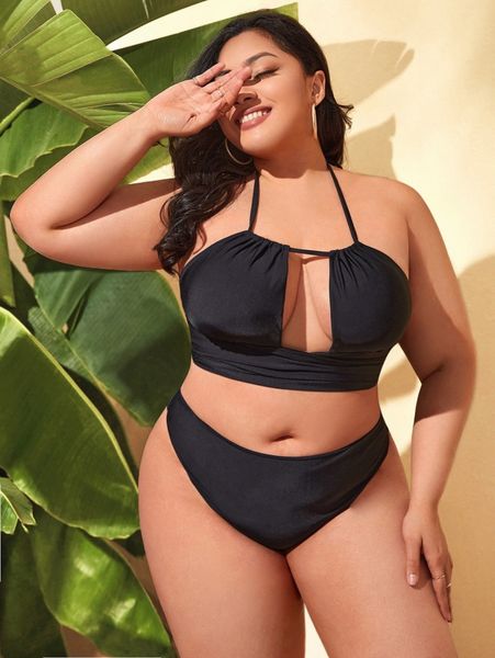 

plus plain halter high waisted bikini swimsuit 32eu#, Black