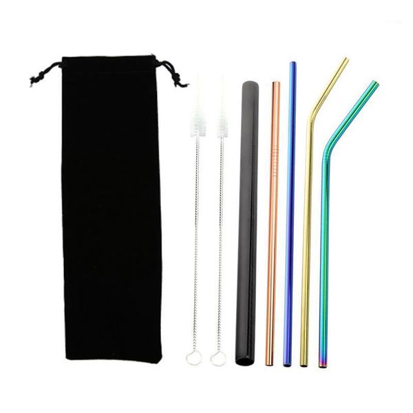 

drinking straws 7pcs stainless steel set colorful metal beverage combination bag bendy upright straw for mugs with cleaning brush1