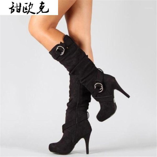 

boots 2021 winter mid-calf fashion round toe overheight heel warm short plush zipper women botas mujer1, Black