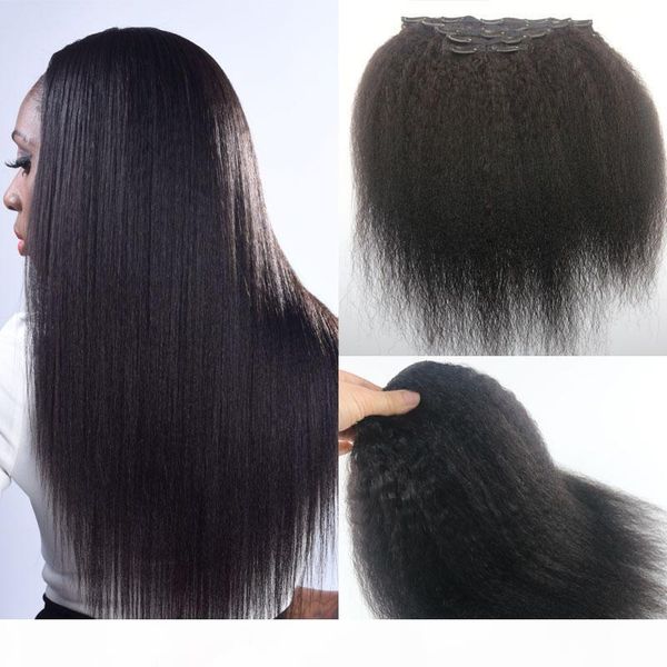 

afro kinky straight brazilian human hair clips hair extension 1b natural color hair african american 7pcs 120gram, Black