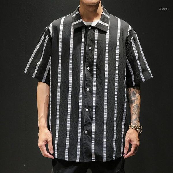 

men's summer casual fashion loose stripe printing short sleeve shirt 1, White;black