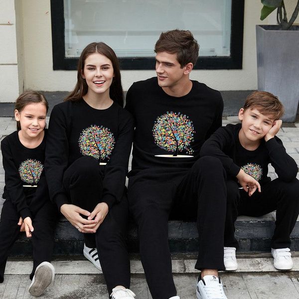 

family long sleeve pullovers printing flowers tree father mother kids sweaters cotton family matching outfits black red gray, Blue
