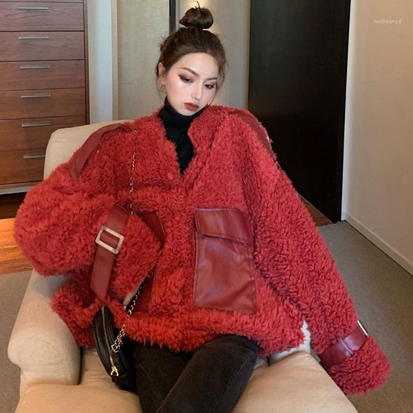 

lucyever thick faux lamb fur coats womens 2020 winter new moto&biker style coat woman red casual single breasted female1, Black