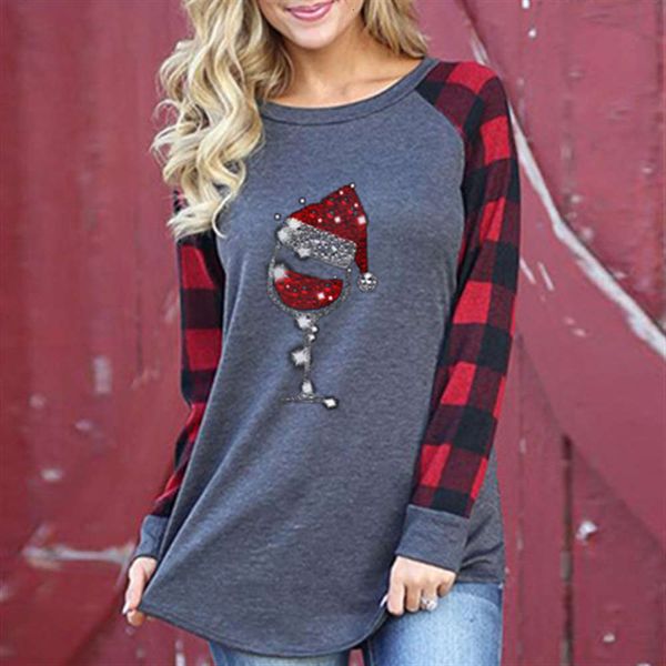 

t-shirt plaid long women's print sve round neck shirt, Black;gray