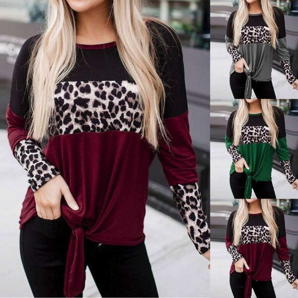 

round neck leopard print stitching leisure long sleeve t-shirt top, Black;gray