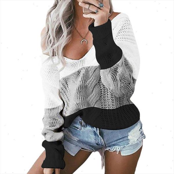 

autumn winter v neck sweater women jumper off shoulder sweater ladies pullover long sleeve warm loose striped sweater for women, White;black
