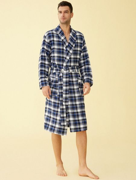 

latuza men shawl collar plaid belted lounge robe n7bw#, Black;brown