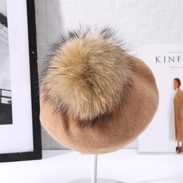 

shade visrover new 100% wool winter beret solid fur pompom autumn hat winter cap spring punk beret hat real fur beret wholesale, Black;white