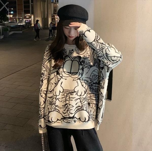 

cute sweater women 2021 winter korean style streetwear casual cartoon cat printed long sleeve knitted pullover jumper t434, White;black