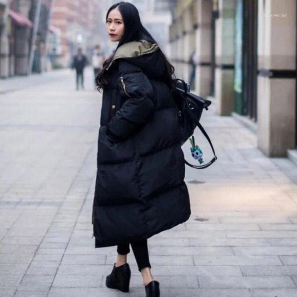 

2019 new large size bf winter warm thick jacket women vintage solid color down cotton long hooded coat cc6901, Tan;black